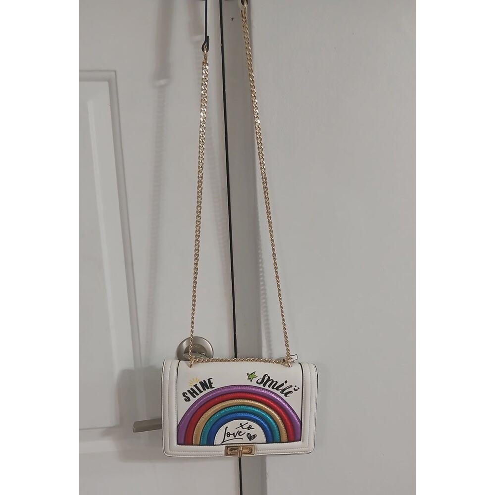 ALDO Rainbow Crossbody Bag White Gold Chain Shine Smile Love Purse - Picture 10 of 11